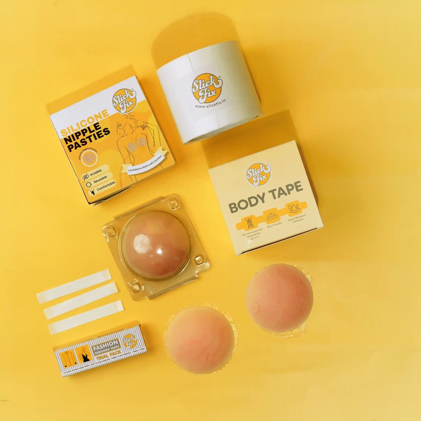 SlickFix Fashion Fix Trio – Body Tape, Fashion Dressing Tape & Silicone Nipple Pasties