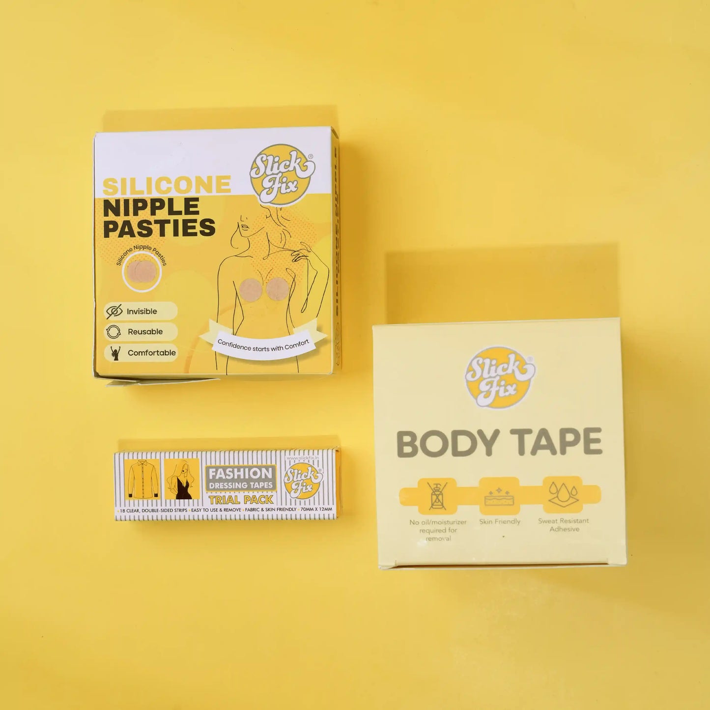 SlickFix Fashion Fix Trio – Body Tape, Fashion Dressing Tape & Silicone Nipple Pasties