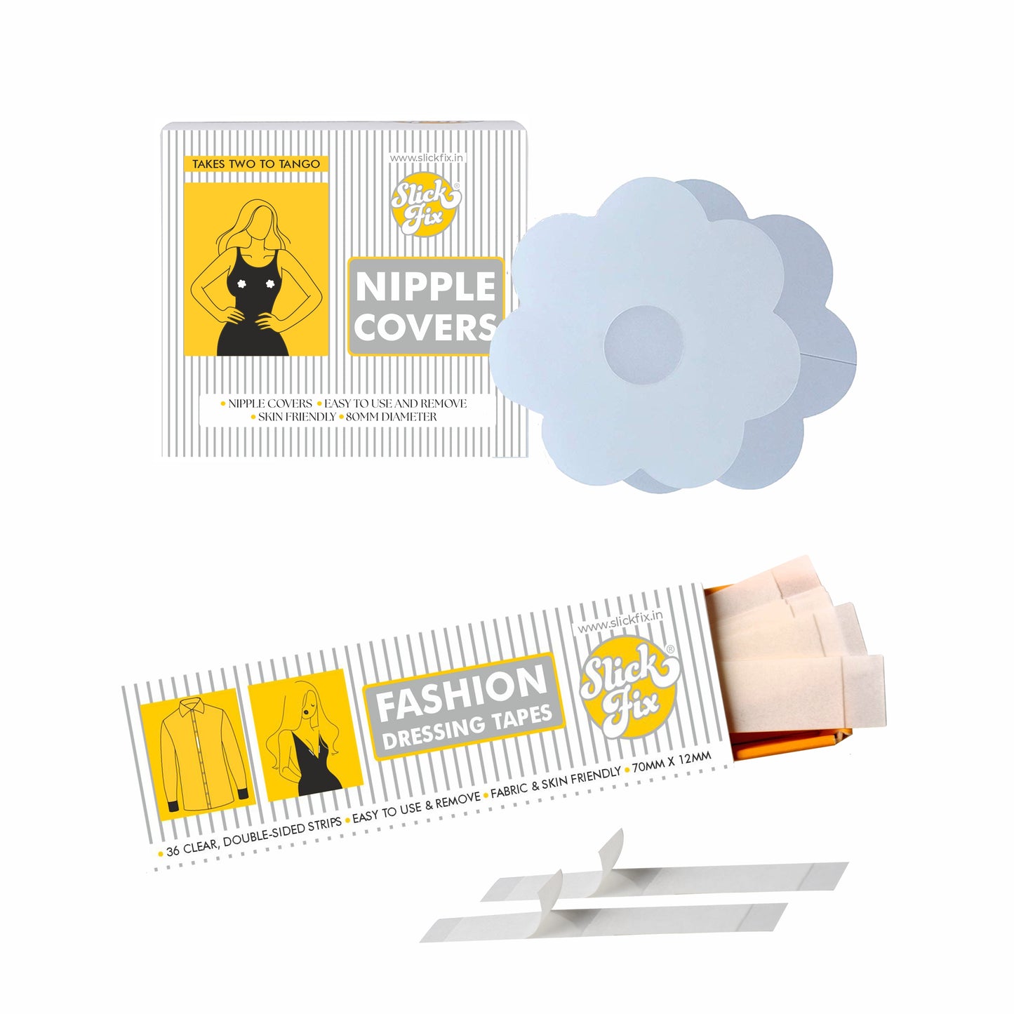Slickfix Combo Pack - Fashion Dressing Tape (36 pcs each) & Nipple Covers (Transparent Colour) (10 pcs each)